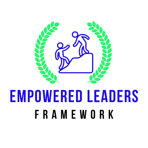Text "Empowered Leaders Framework" with an image of a person reaching back to help another up a steep hill. This image is surrounded by a garland similar to those worn by Greek Champions at the original Olympics.
