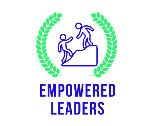 Text "Empowered Leaders" with an image of a person reaching back to help another up a steep hill. This image is surrounded by a garland similar to those worn by Greek Champions at the original Olympics.