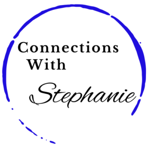 Logo for Connections With Stephanie, LLC: a coffee stain circle in blue around the plain font text "Connections With" and the italics font text "Stephanie"